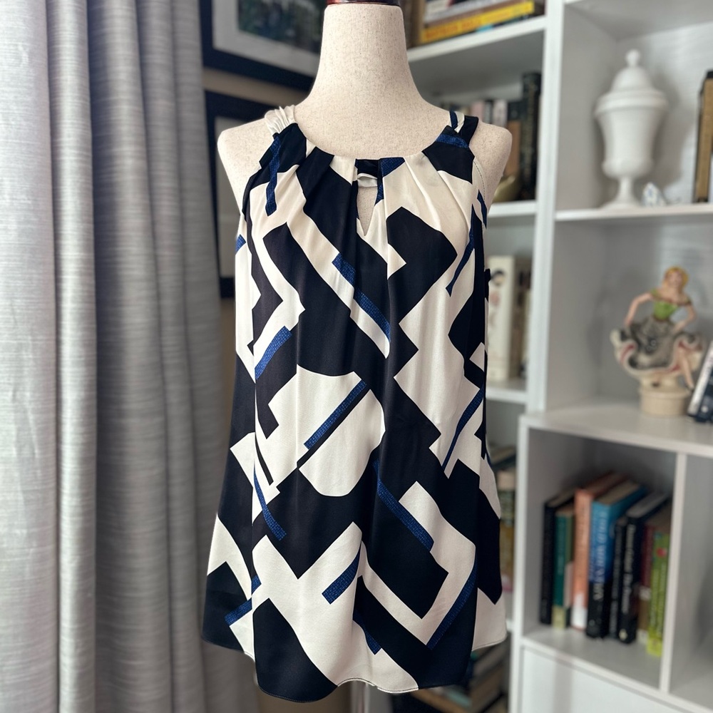 White House Black Market Navy and Cream Geometric Blouse